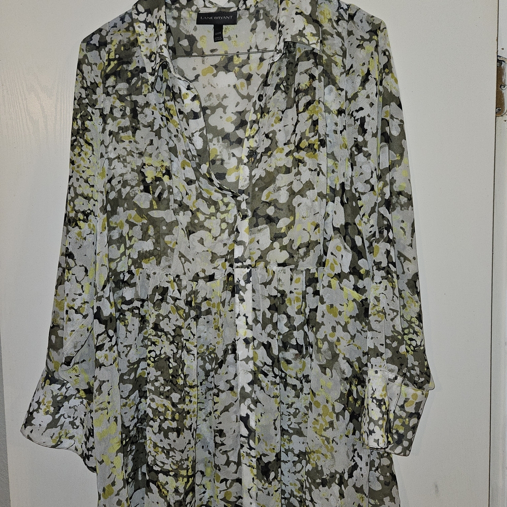 Lane Bryant Olive, White & Yellow Floral Button-Up Blouse